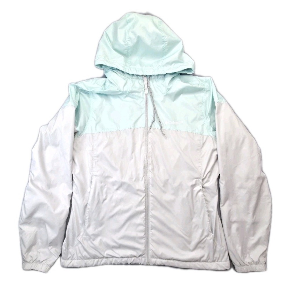 Columbia Women's M‎ Windbreaker Jacket Gray Mint Hooded Full Zip Fleece Lined